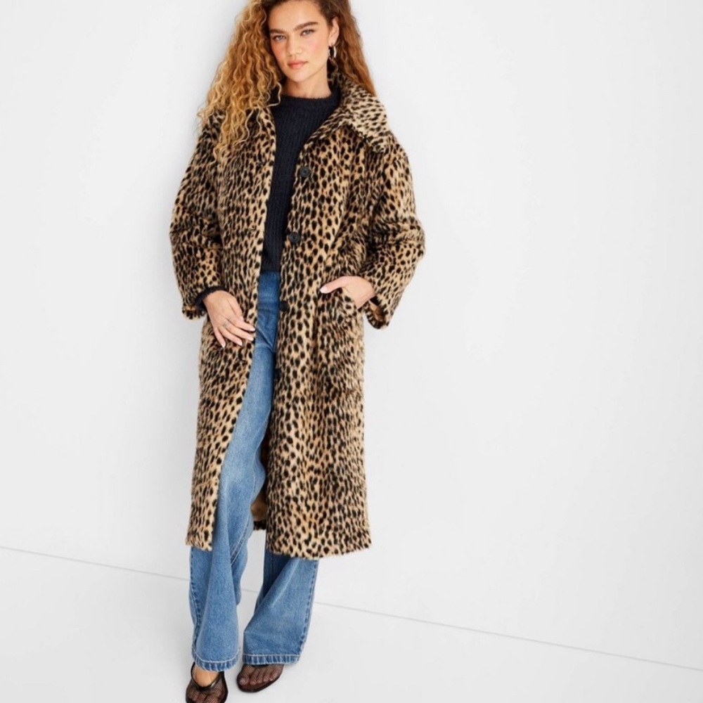 Future Collective Women's Faux Fur Long Coat Brown Leopard Print Size L NWOT - Picture 3 of 4